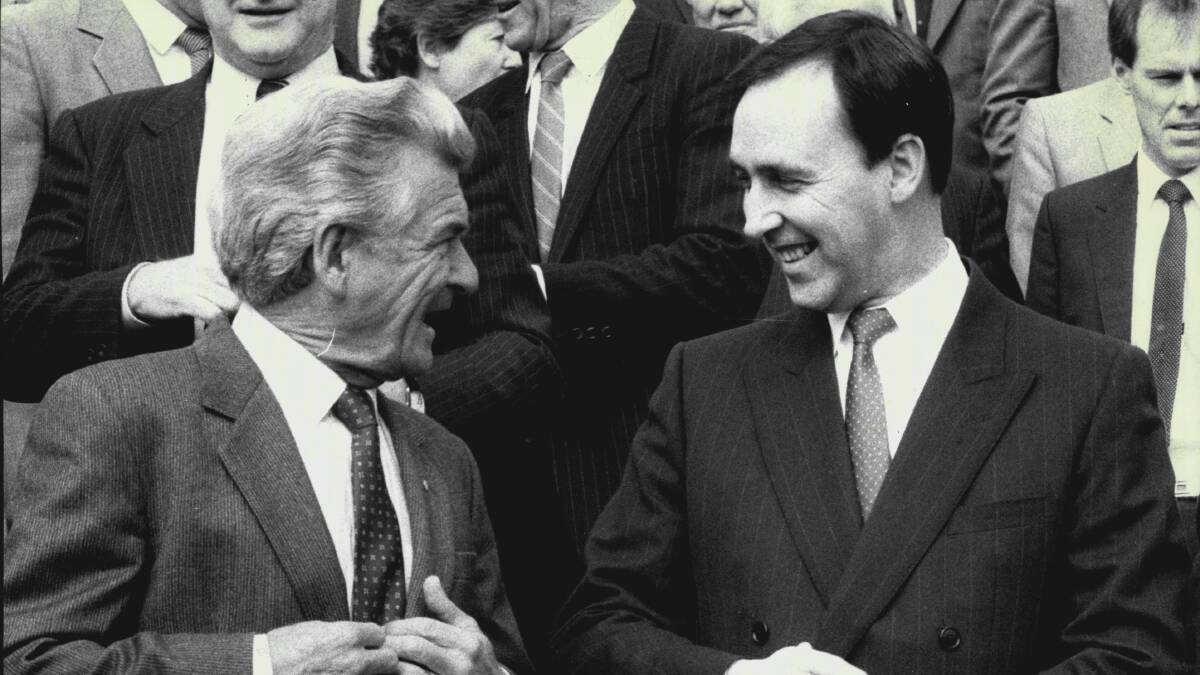 Bob Hawke and Paul Keating on the front steps of Parliament House in 1987. Picture: David James Bartho
