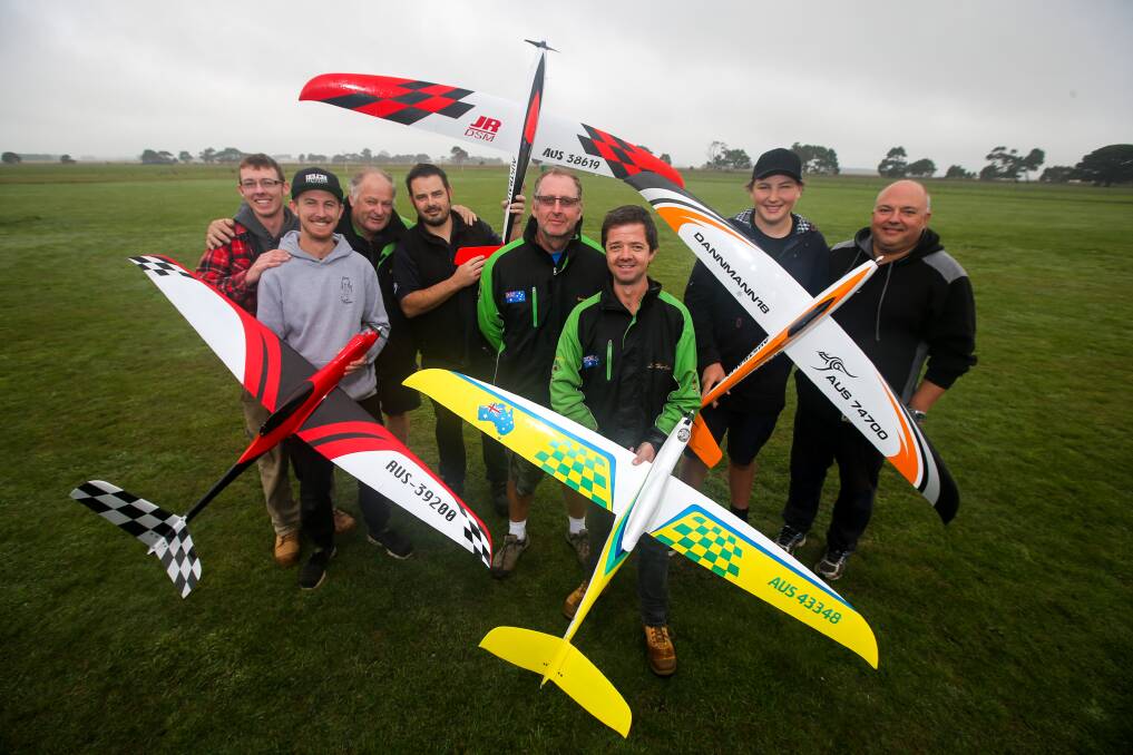 Model aircraft teams Jarrad Jacobsen and Shaun Jacobson, Morphett Vale SA, Barry Murphy and Beau Murphy, Bairnsdale, Vern Gibson, Aspendale, and Leigh Hocken, Warrnambool, and junior event competitors Daniel Arapakis, 16, and Andrew Arapakis, Mornington, will represent Australia at the F3D World Championship Model Pylon Racing. Picture: Rob Gunstone
