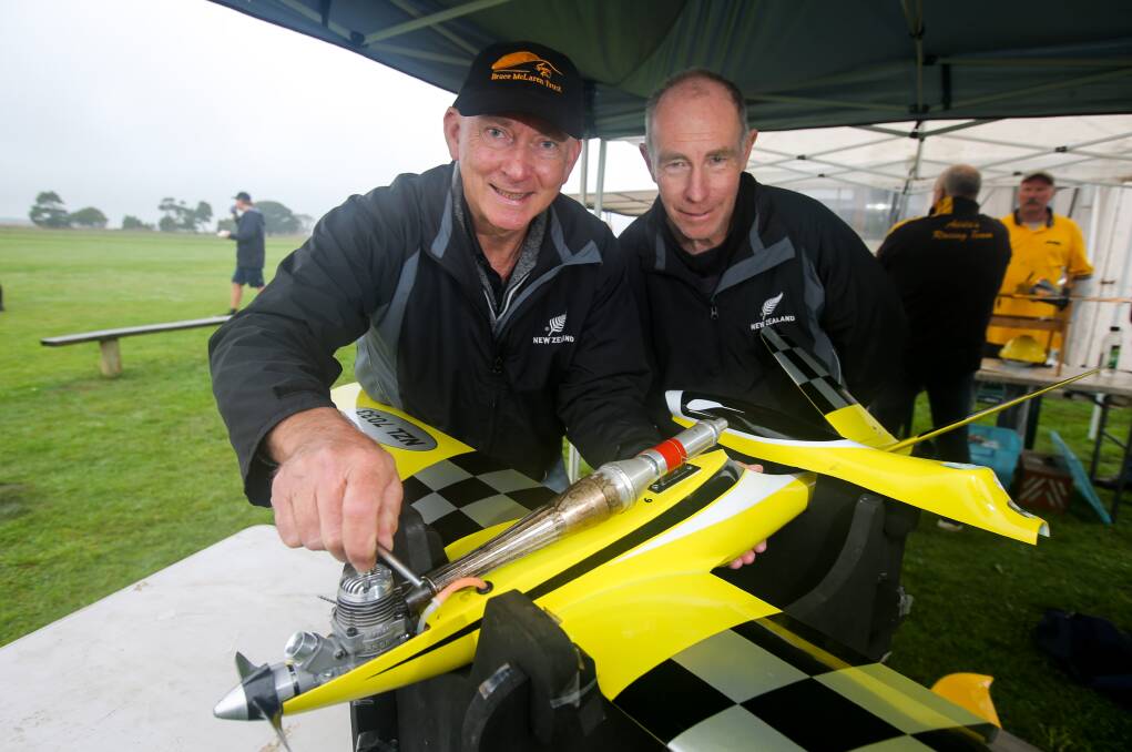 Model aircraft enthusiasts Tom Wetherill (pilot) and Jim Orenshaw. Tom will represent New Zealand at the F3D World Championship Model Pylon Racing in Sweden. Picture: Rob Gunstone