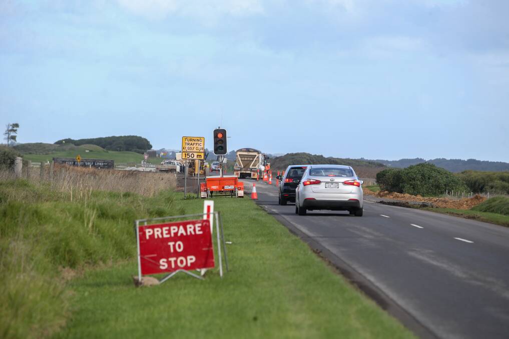 ON THE JOB: Roadworks are being undertaken to add a turning lane into the Port Fairy Golf Course on Skenes Rd. Picture: Amy Paton