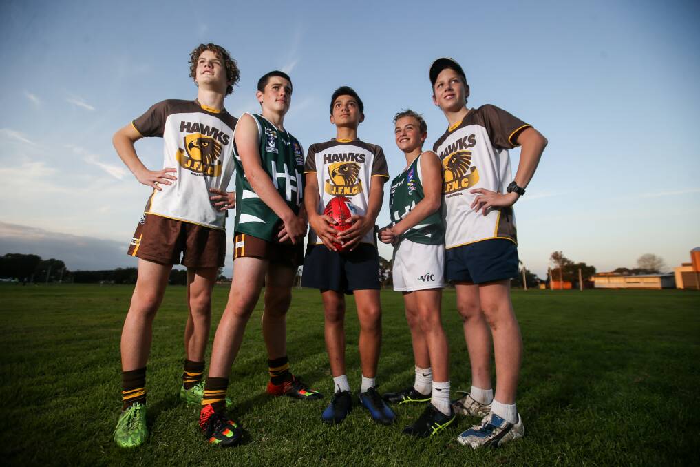 PATHWAY: Hawks players Jas Lang, 12, Logan Lilley, 13, Pera da Ros, 12, Will White, 13, and Sam Walker, 13, represented the Hampden at interleague in 2017. The junior club's viability will be reviewed in 2018.