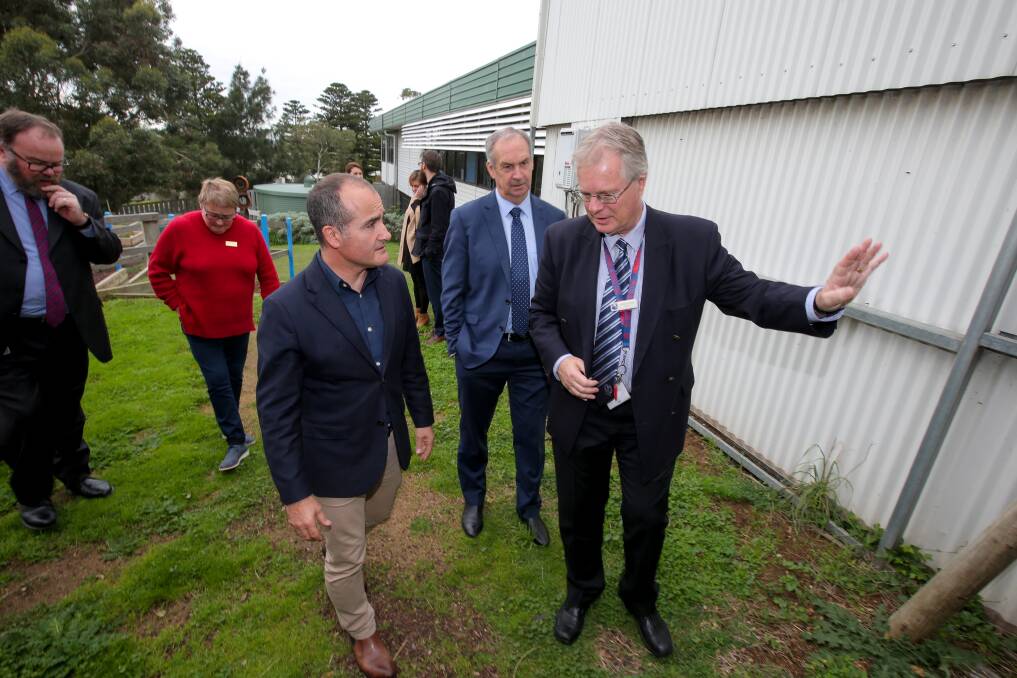First-hand experience: Deputy Premier and Education Minister James Merlino walks with Warrnambool SDS Principal Robert Dowell, and Member for Western Victoria James Purcell, on a tour of the Warrnambool Special Developmental School in June. Picture: Rob Gunstone