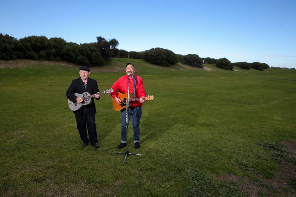 SOUNDS OF THE SEA: Warrnambool Aus Music Festival committee members Rod Brugman and Russ Goodear have proposed a permanent stage be constructed along the foreshore. Picture: Rob Gunstone