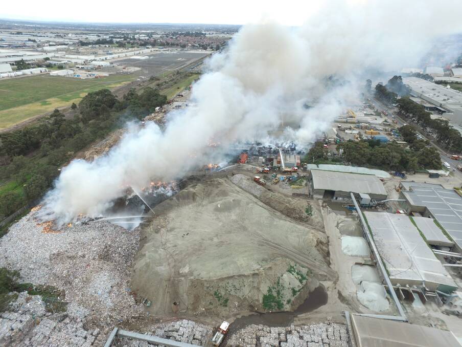 Aerial views of the fire at the SKM recycling plant in Coolaroo in July 2017. Photo: Melbourne Fire Brigade.