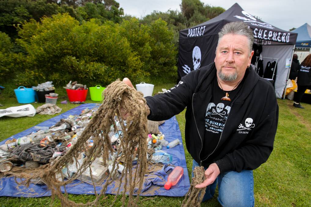 Load of rubbish: Sea Shepherd on-shore volunteer Andrew Holt and his team collected 120kg of debris from Warrnambool's beaches on Sunday as part of a campaign to clean up Australia's beaches. Picture: Rob Gunstone