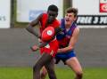 FOES BECOME TEAMMATES: South Warrnambool's Emmanuel Ajang and Terang Mortlake's Isaac Wareham played for Greater Western Victoria Rebels together for the first time on Sunday. Picture: Rob Gunstone
