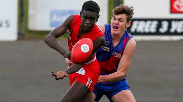 FOES BECOME TEAMMATES: South Warrnambool's Emmanuel Ajang and Terang Mortlake's Isaac Wareham played for Greater Western Victoria Rebels together for the first time on Sunday. Picture: Rob Gunstone