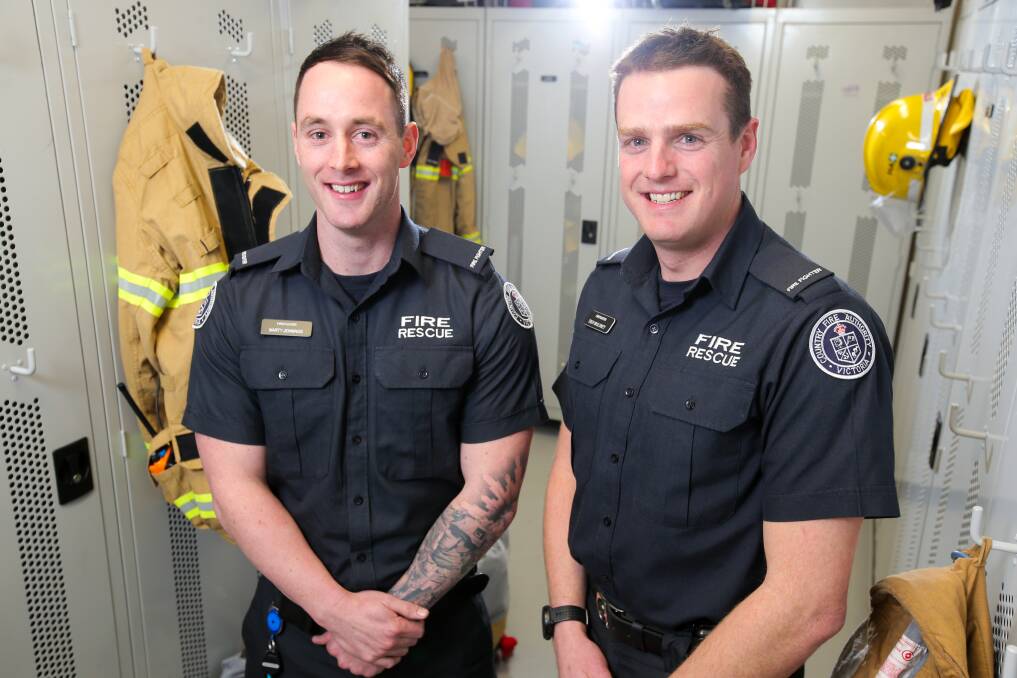 New career: Firefighters Marty Jennings and Trev Moloney are two of five recruits who have joined the Warrnambool CFA staff after completing their fire training in Melbourne. Picture: Rob Gunstone