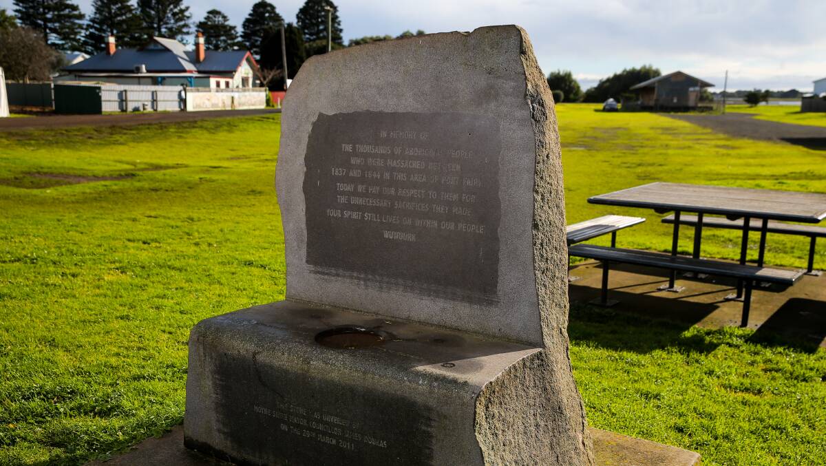 The memorial in Port Fairy's Railway Place that acknowledges the local massacres of Aborigines. Picture: Rob Gunstone
