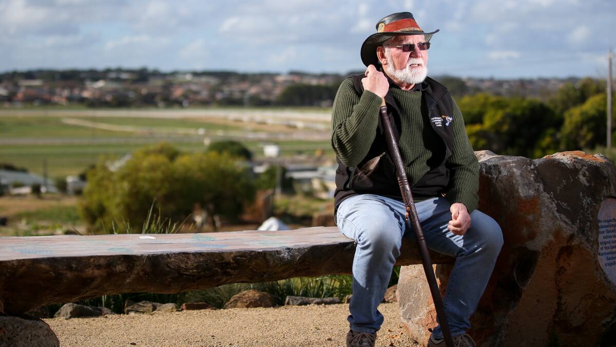 Rob Lowe Senior at the Aboriginal memorial seat in the Warrnambool Community Gardens overlooking Warrnambool racecourse where Aborigines were shot at during white settlement. Picture: Morgan Hancock