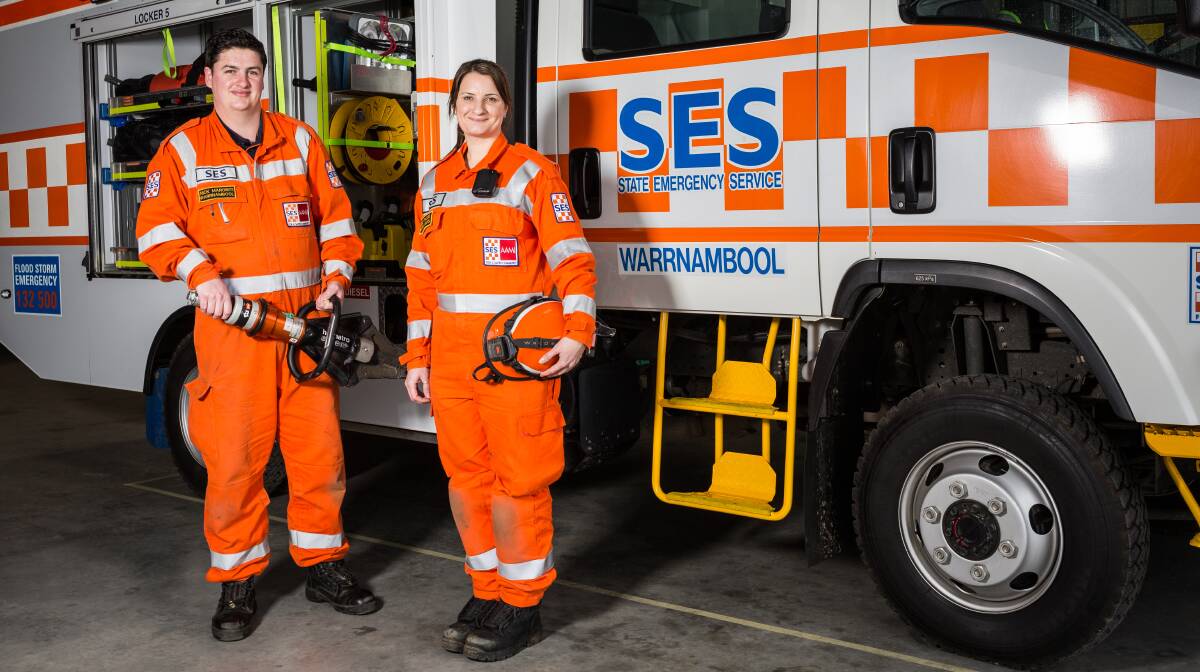 JOIN IN: Recent SES recruits Nick Maroniti and Bess Krause encourage others to sign up as members of the Warrnambool unit as part of a recruitment drive. Picture: Christine Ansorge