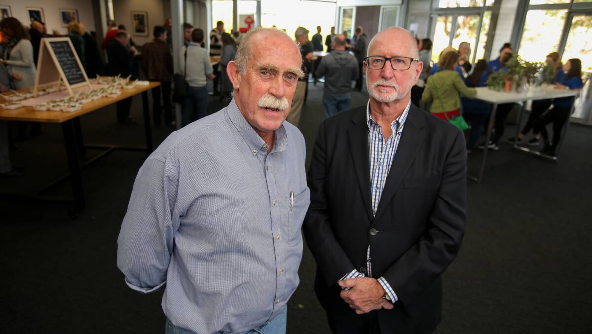 Catching up: Port Campbell Touring Company's John McInerney and Great Ocean Road Regional Tourism chairman Wayne Kayler-Thomson catch up at the masterclass. Picture: Rob Gunstone