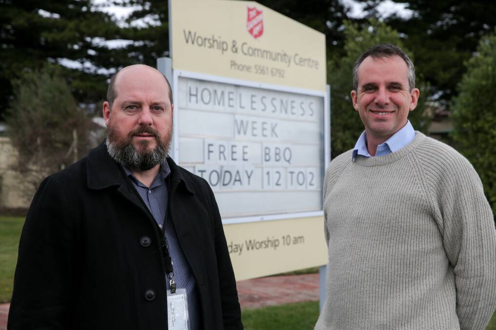 Lindsay Stow, regional manager SalvoConnect Western, and Andrew Edgar, Barwon South West Homelessness Network regional coordinator, are working with other agencies to highlight the local homelessness issues. Picture: Rob Gunstone