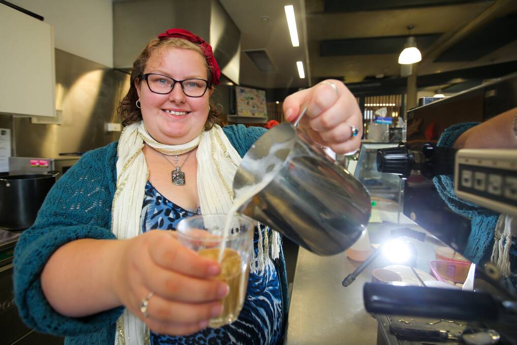 Expert pour: Warrnambool's Sharmain Ayres shows off the barista skills she picked up as part of the Kulcha Shift Friday Feed program at Brophy Family and Youth Services. Picture: Rob Gunstone