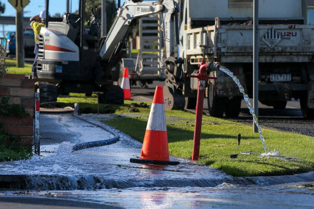 Wannon Water crews were trying to fix a burst main at the intersection of Simpson St and Bostock St. Picture: Rob Gunstone