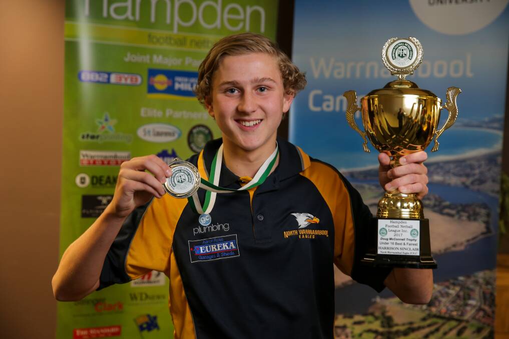 IMPRESSIVE: Harrison Sinclair won the Hampden league under 16 best and fairest in 2017. He will play his first senior game for North Warrnambool Eagles on Saturday. Picture: Rob Gunstone