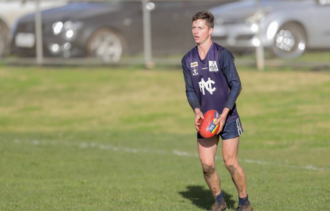 GOAL SNEAK: Nirranda's James Willsher kicked three goals for the Blues in their 27-point victory over Old Collegians. Picture: Christine Ansorge