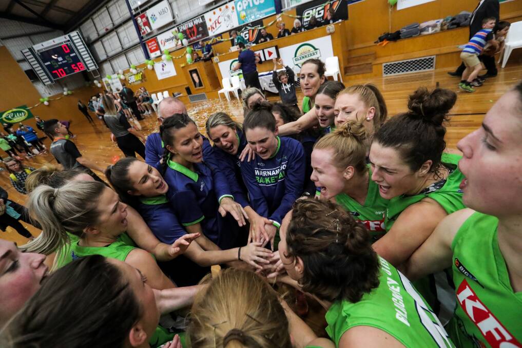 PROUD AS PUNCH: Warrnambool Mermaids captain Renee Tuck (fifth from left) was rapt to be part of their Big V success. Picture: Rob Gunstone