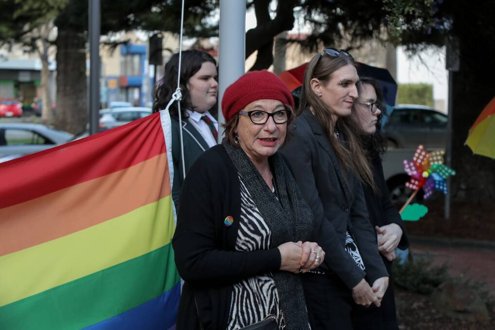 Brophy Youth and Family Services' Lyn Eales welcoming people to the rainbow flag raising ceremony in Warrnambool this week. Picture: Rob Gunstone