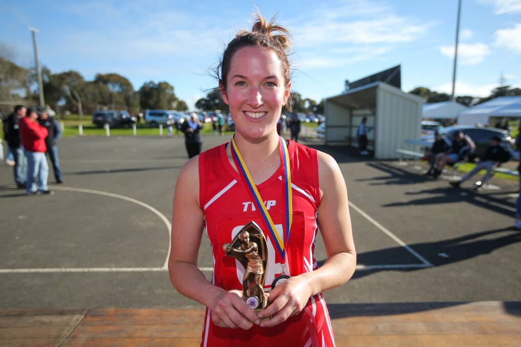 She's back: Jess Haberfield returns from a knee injury this week. Here she is after Dennington's 2017 A grade premiership win. Picture: Morgan Hancock