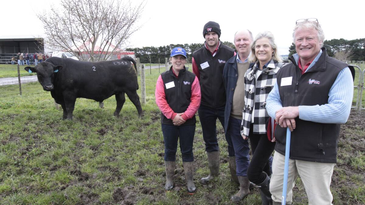 Return buyers: Weeran Angus's Leah Drendell, left, Tom French and Alec Moore, right, with buyers Gordon and Alexandra Dickinson.