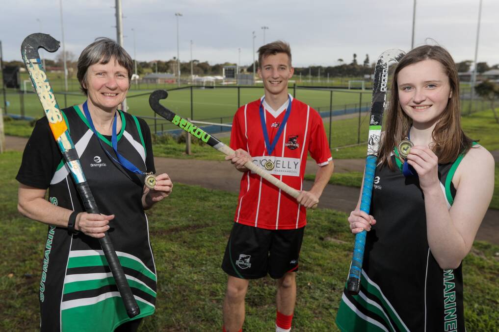 IN THE BLOOD: Lynette Wines, with her children Michael Loughhead, 18, and Hannah Loughhead, 15, all won premiership medals in the Warrnambool District Hockey Association this year. Picture: Rob Gunstone