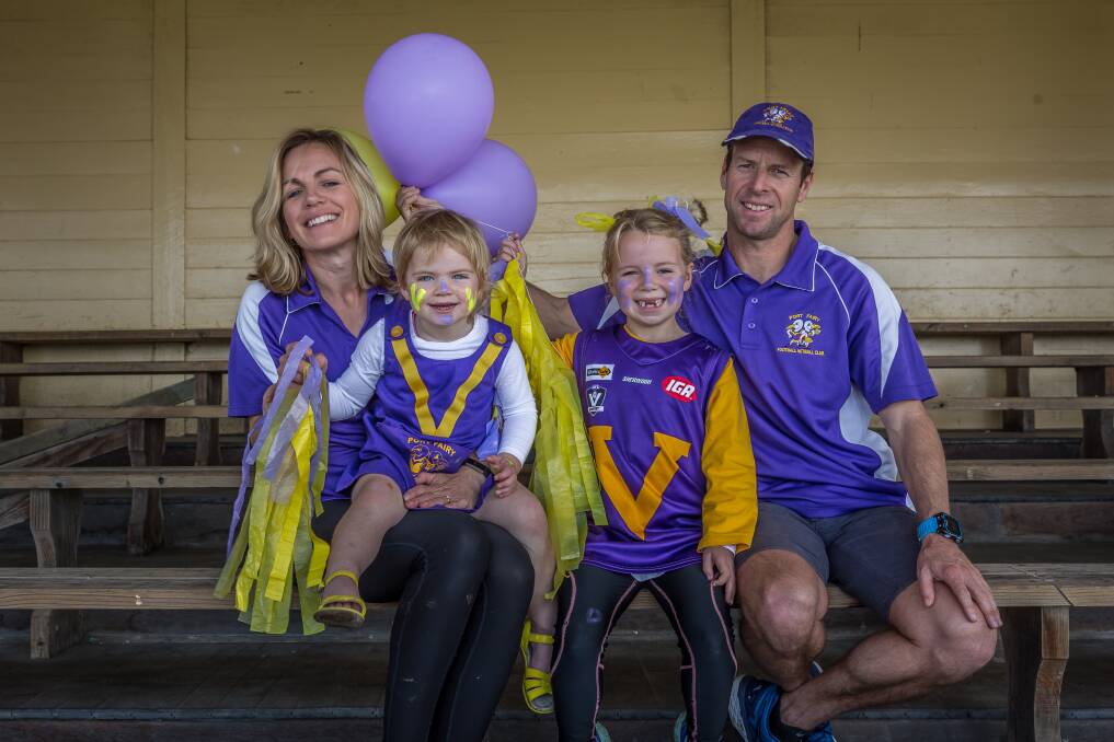 FAMILY TIES: Nicole, Bronte, Lexie and Dean Dwyer in the grandstand at Gardens Oval in Port Fairy in the lead up to the Seagulls' 2016 Hampden league senior football grand final appearance. Picture: Christine Ansorge