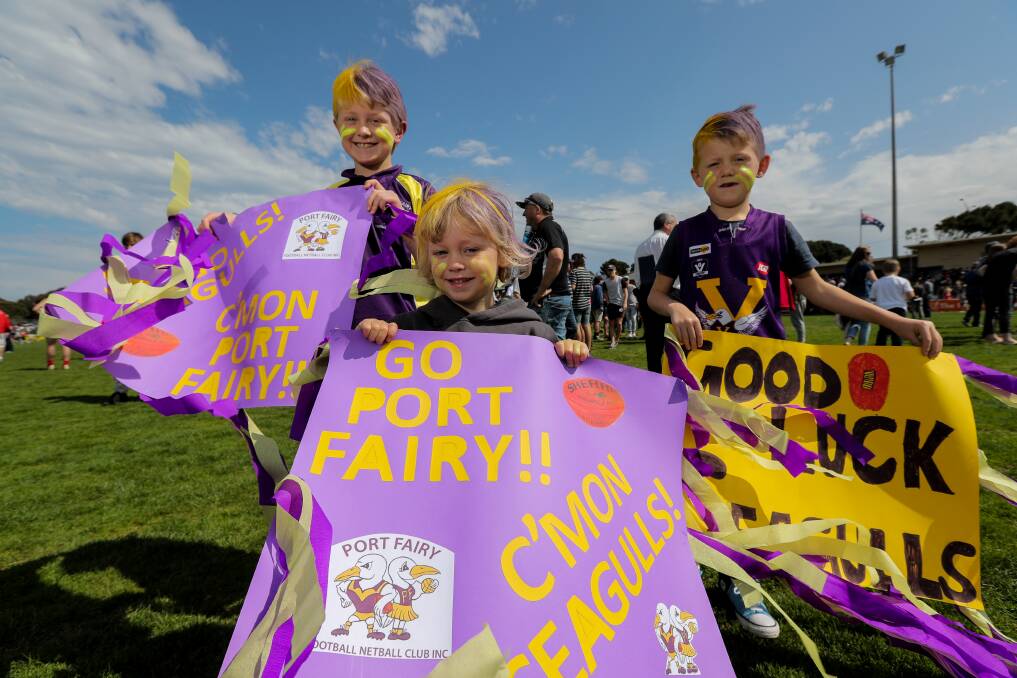 FLASHBACK: Port Fairy has a strong supporter base, as shown in 2017 when it played in the Hampden league senior grand final. Young supporters Bailey Stenhouse, then 7, Harry Stenhouse, then 3, and Charlie Stenhouse, then 6, were at Reid Oval on that day. Picture: Rob Gunstone