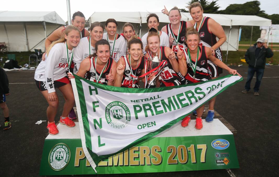 A HABIT OF WINNING: The 2017 Koroit premiership win was one of nine flags secured by the Saints in Hampden league open/A grade netball. Picture: Morgan Hancock