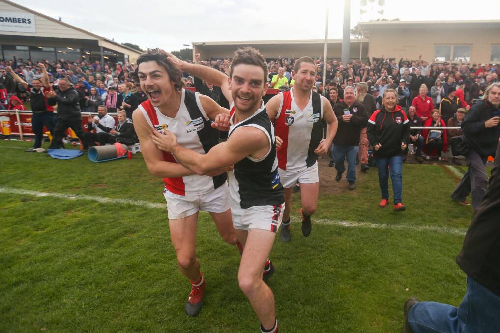 WINNING FEELING: Koroit's Lachie Rhook and James North run in to celebrate the Saints' 2017 premiership. Rhook also featured in the club's 2018 and 2019 premiership teams. Picture: Morgan Hancock