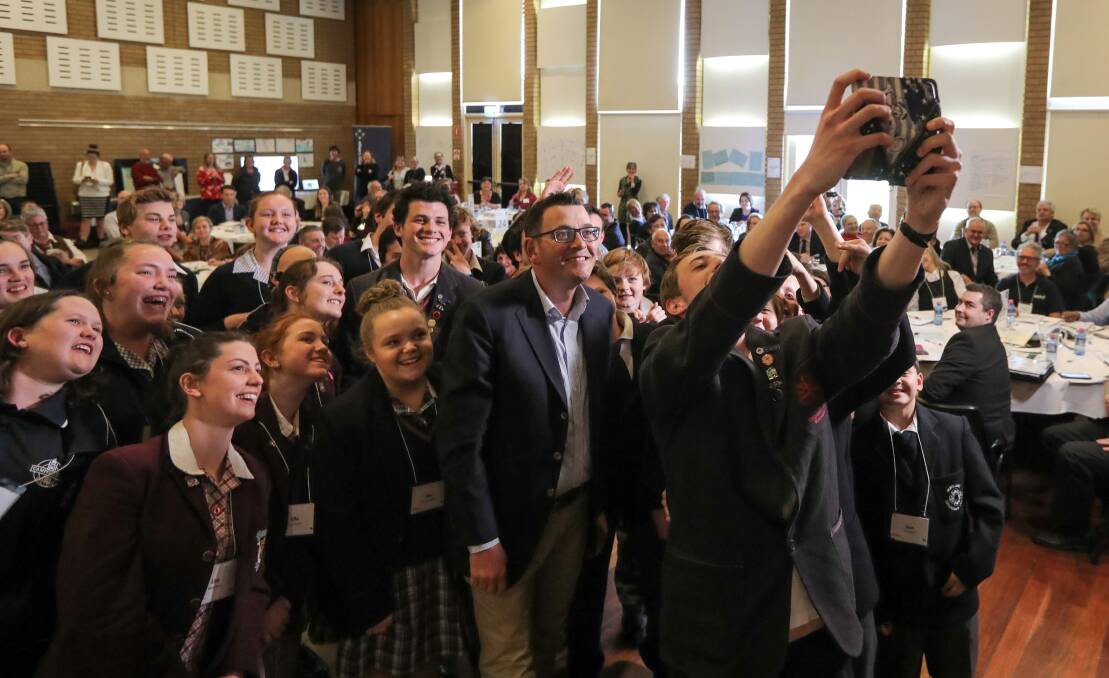 Say cheese: Local school kids take a selfie with Premier Daniel Andrews at the Great South Coast Regional Assembly. Picture: Rob Gunstone