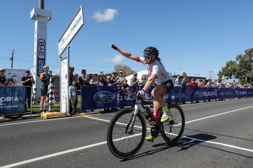 WHAT A RIDE: West Australian Erin Nolan celebrates as the first female rider home in Saturday's Melbourne to Warrnambool. Picture: Rob Gunstone