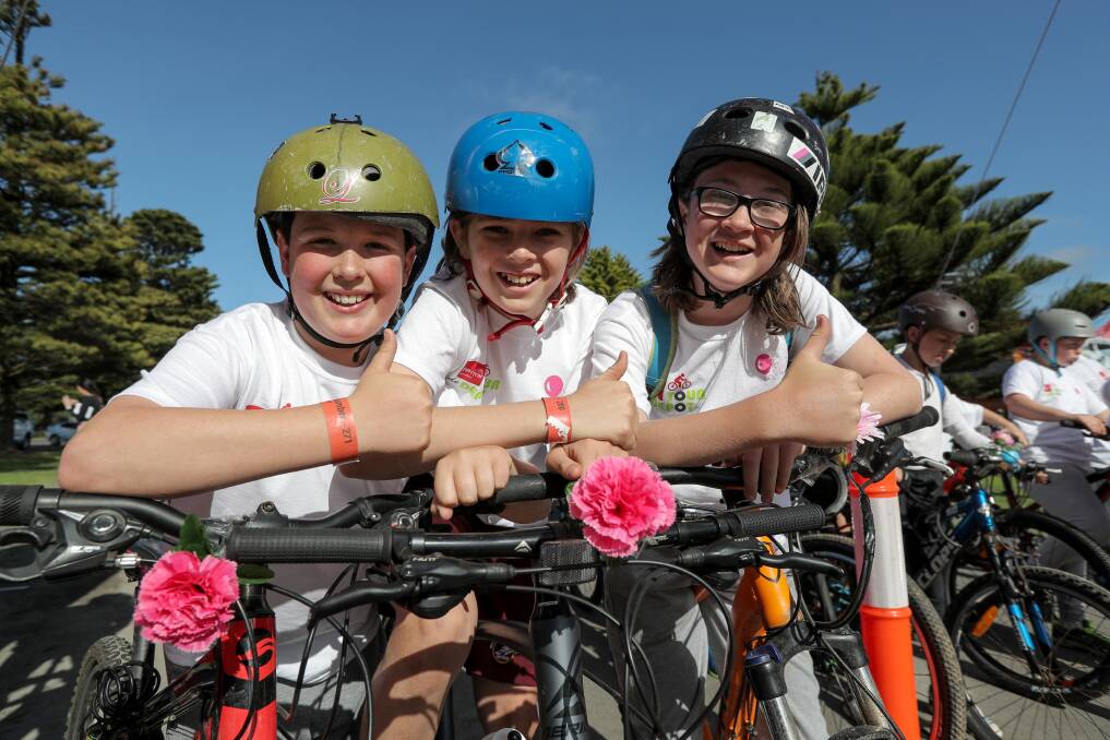 Hugo O'Callaghan, 11, Sidney Watson, 11, and Reuben O'Callaghan, 13, ready to ride in the 2017 Tour de Depot. Picture: Rob Gunstone