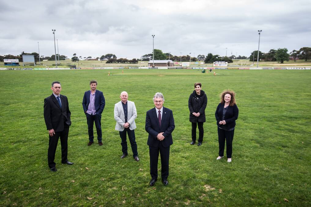 FIX IT: Cr Michael Neoh, Cr Tony Herbert, Cr Peter Hulin, mayor Robert Anderson, Cr Sue Cassidy and Cr Kylie Gaston are calling for government funding to ensure the Reid Oval redevelopment goes ahead. Picture: Christine Ansorge