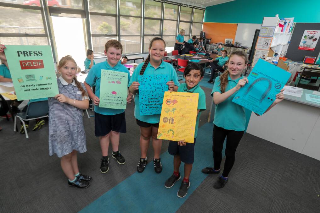 Teen ready: Warrnambool West Primary students Grace McKenzie, 12, Rocki Silver, 11, Hayley Cesta-Incani, 12, Harry Howe, 12, and Jasmine Clark, 12, are learning the art of healthy relationships pre-high school. Photo: Rob Gunstone