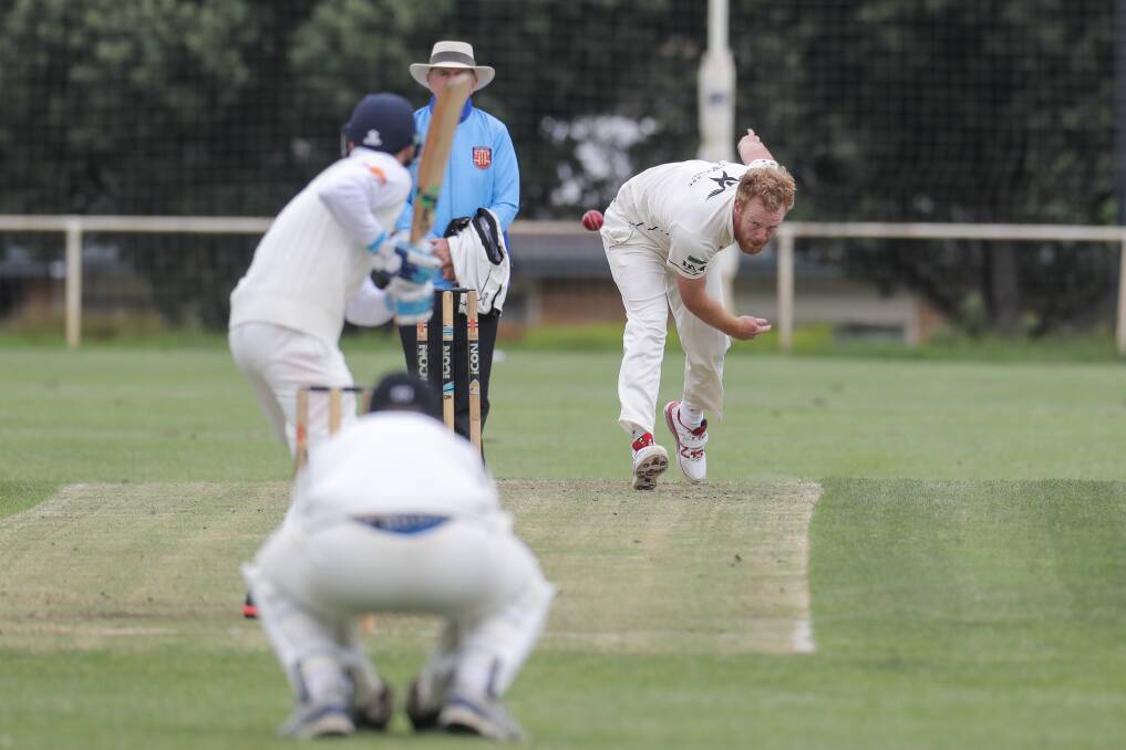 West Warrnambool bowler Jack Sunderland bends his back to get some extra pace. Picture: Rob Gunstone