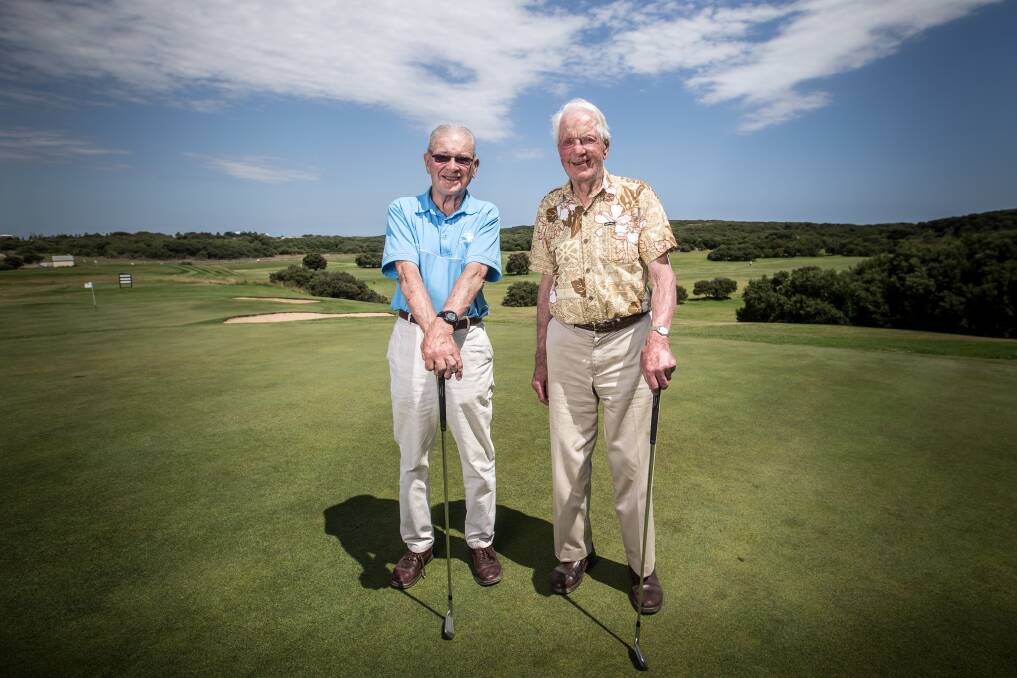 THE SECRET TO SUCCESS: Warrnambool Golf Club veterans group's eldest members, Keith McLeod, 88, and John Bullen, 96, play twice a week. Picture: Christine Ansorge