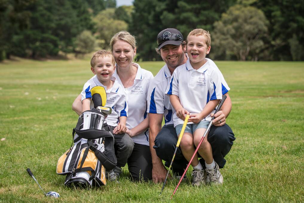 Fore: Samantha and Darren Fox and their two boys Tommy,3 and Bailey, 5 are hosting the Shine for Samuel Golf Day in memory of their son. Photo: Christine Ansorge.