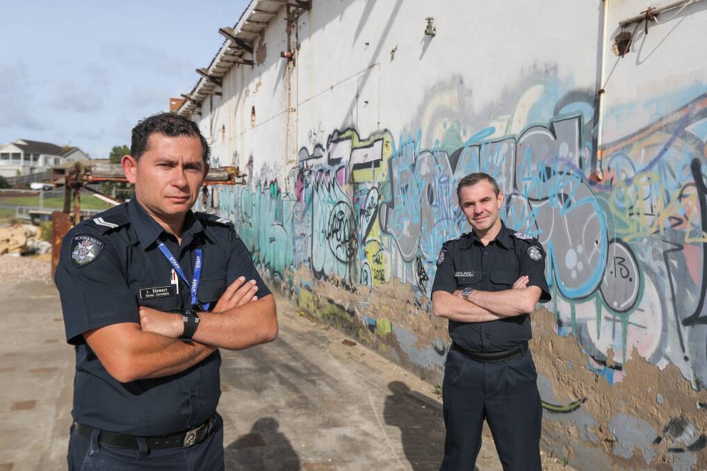 Warrnambool police Leading Senior Constable Lee Stewart and Acting Senior Sergeant Chris Asenjo have charged an individual with 46 offences relating to a graffiti spree. Picture: Rob Gunstone