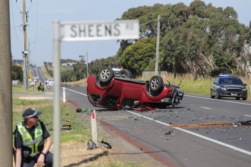 Three occupants were in this vehicle when it rolled after a head-on collision on the Princes Highway. Picture: Morgan Hancock
