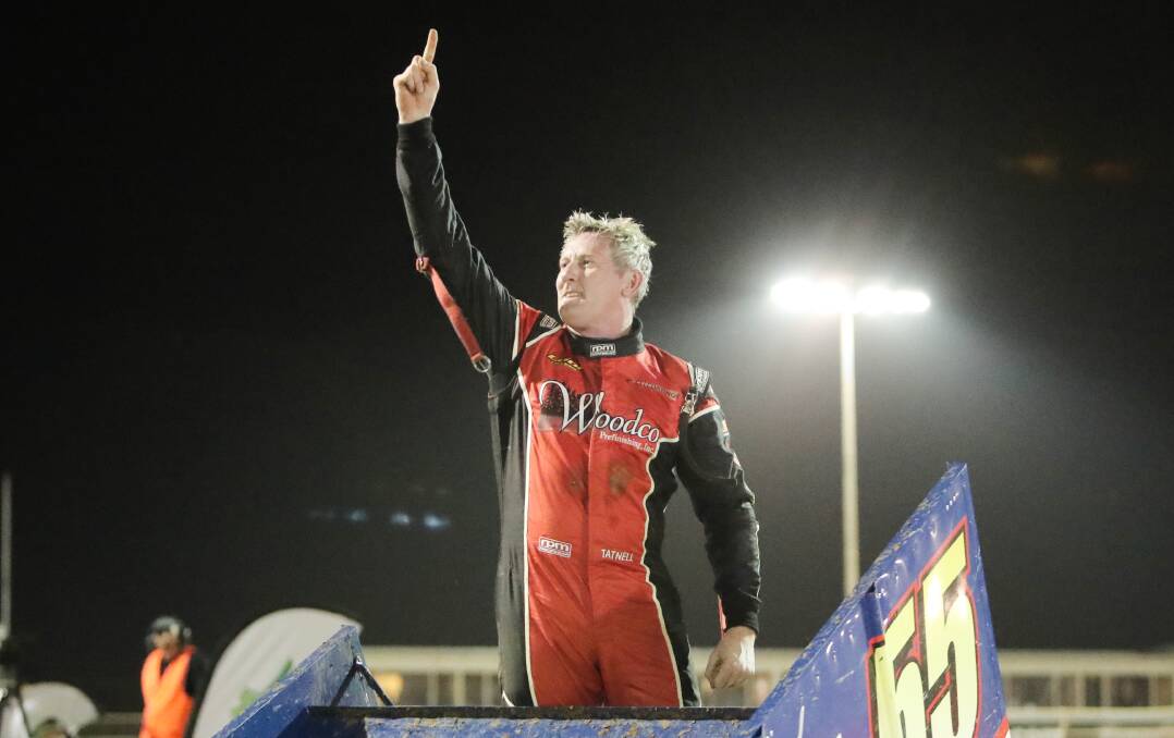 NUMBER ONE: Brooke Tatnell celebrates his A-Main win on the opening night of the South West Conveyancing Grand Annual Sprintcar Classic on Friday.