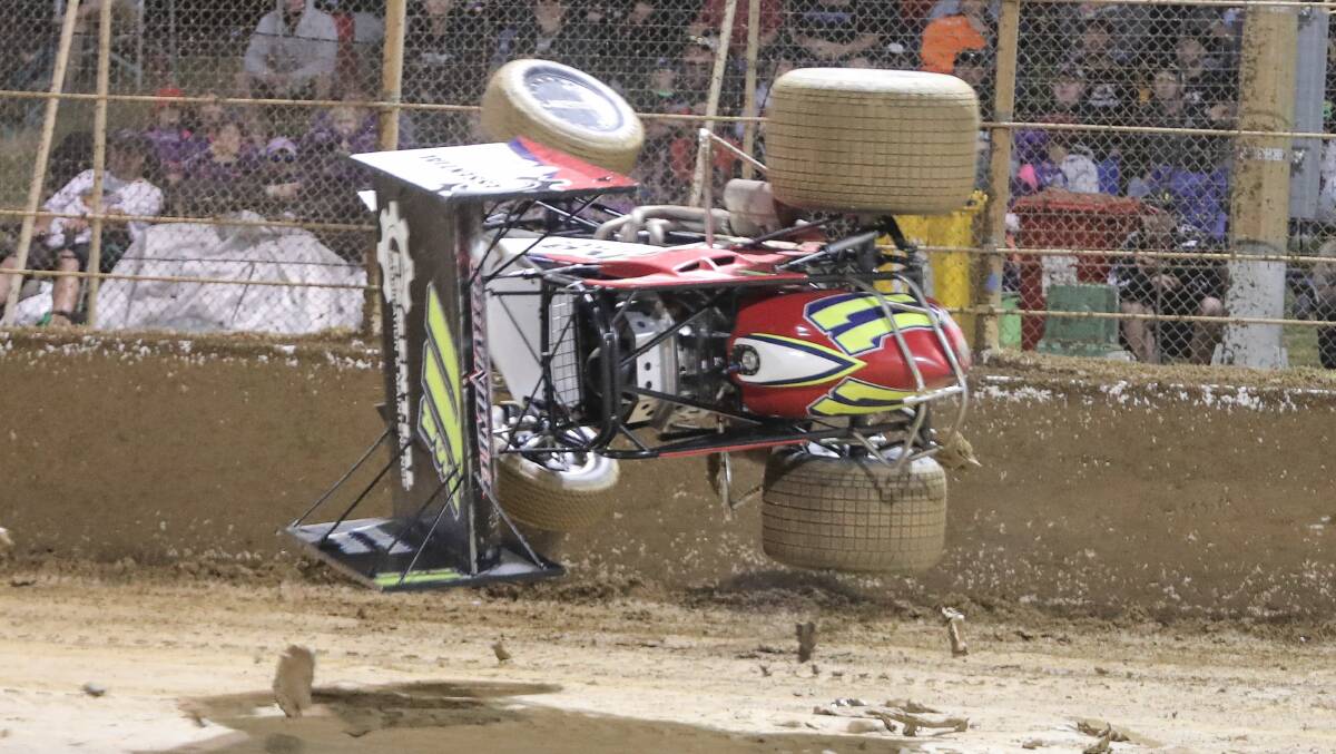 Buddy Kofoid hits a pivot in the road and crashes during the opening night of the Grand Annual Sprint Car Classic in 2018. Picture: Morgan Hancock