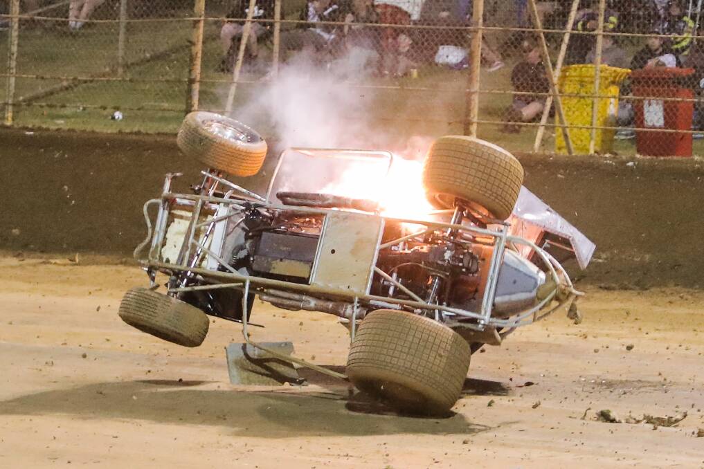 HEATING UP: Rusty Hickman was involved in a spectacular crash during the opening night of the 2018 Grand Annual Sprintcar Classic. Picture: Morgan Hancock 