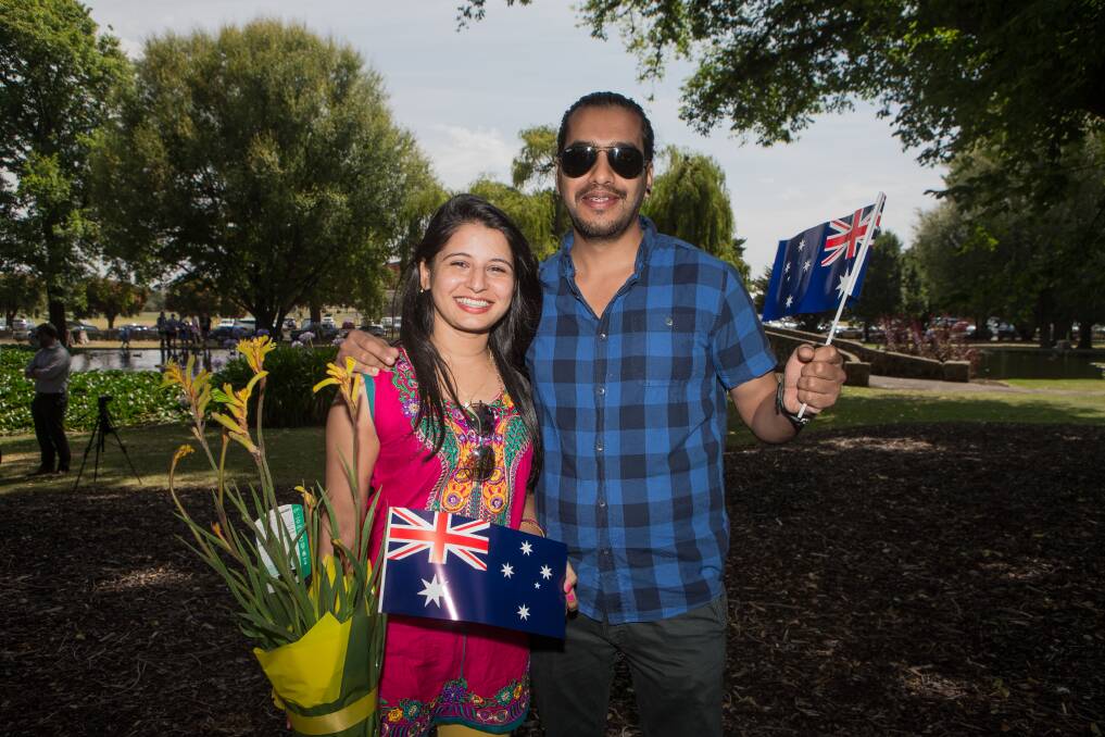 Warrnambool residents Nikita Pokharel and Deepesh Baskota are overjoyed at becoming new Australian citizens on Australia Day.  Picture: Christine Ansorge