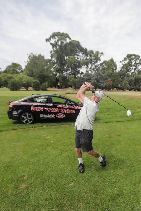 PUMPED: Carl Horan practices his swing. Cobden Golf Club's prestigious week of golf is set to begin on Saturday. Picture: Morgan Hancock