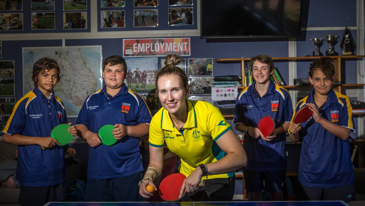 HERO: Commonwealth Games medalist Melissa Tapper spent time at the Clontarf Academy at Warrnambool College with students Michael Chivers, Isaac Dalton, Joel Campbell and Jirra Clarke. 