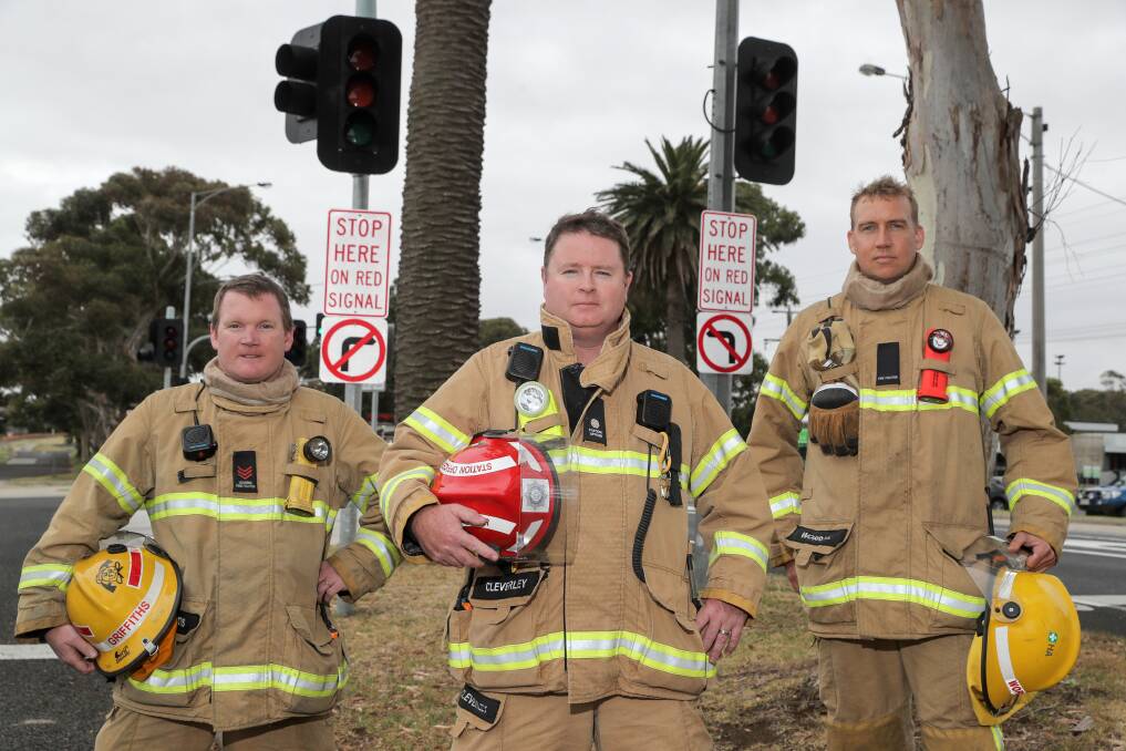 BUSY: Warrnambool CFA leading fire fighter Luke Griffiths, station officer Troy Cleverley and fire fighter Sam Worrall. Picture: Rob Gunstone