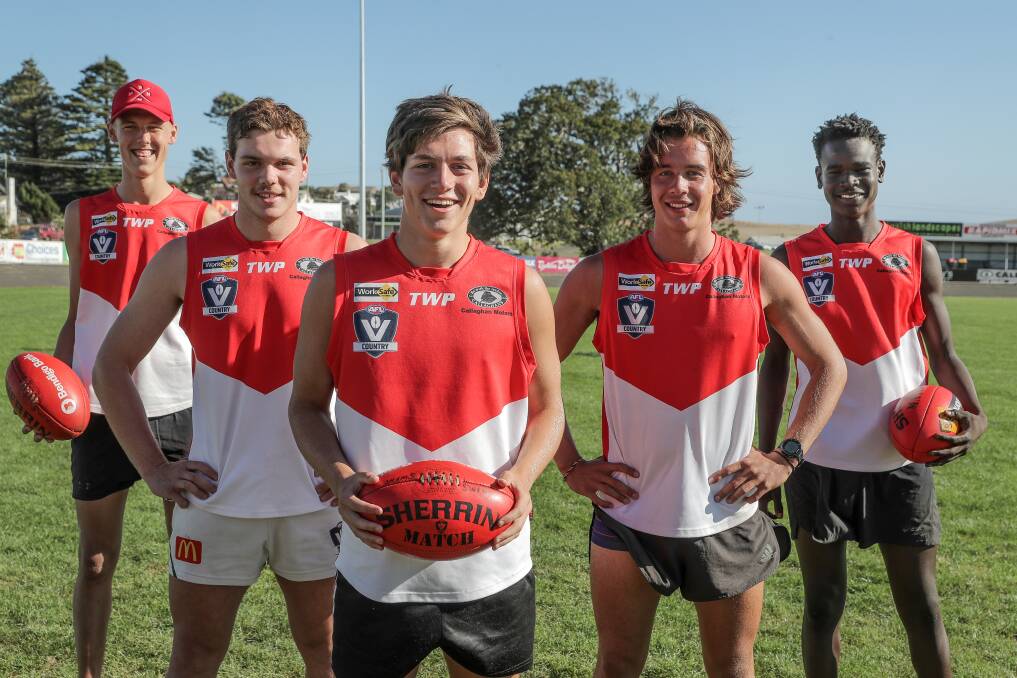CLUB PRIDE: South Warrnambool's Jed Henderson, Isaac Thomas, Ethan 'EJ' Harvey, Ben Annett and Emmanuel Ajang will play for TAC Cup club Greater Western Victoria Rebels. Picture: Justine McCullagh-Beasy 