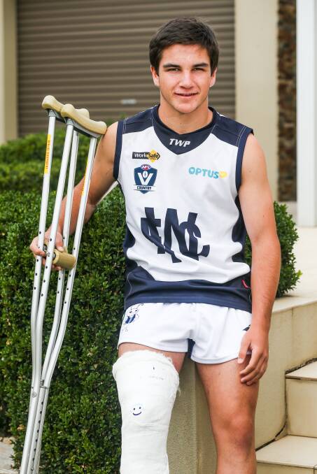 TOUGH: Warrnambool footballer Zacc Dwyer, pictured in 2018 after breaking his leg, has overcome a spate of injuries. Picture: Morgan Hancock