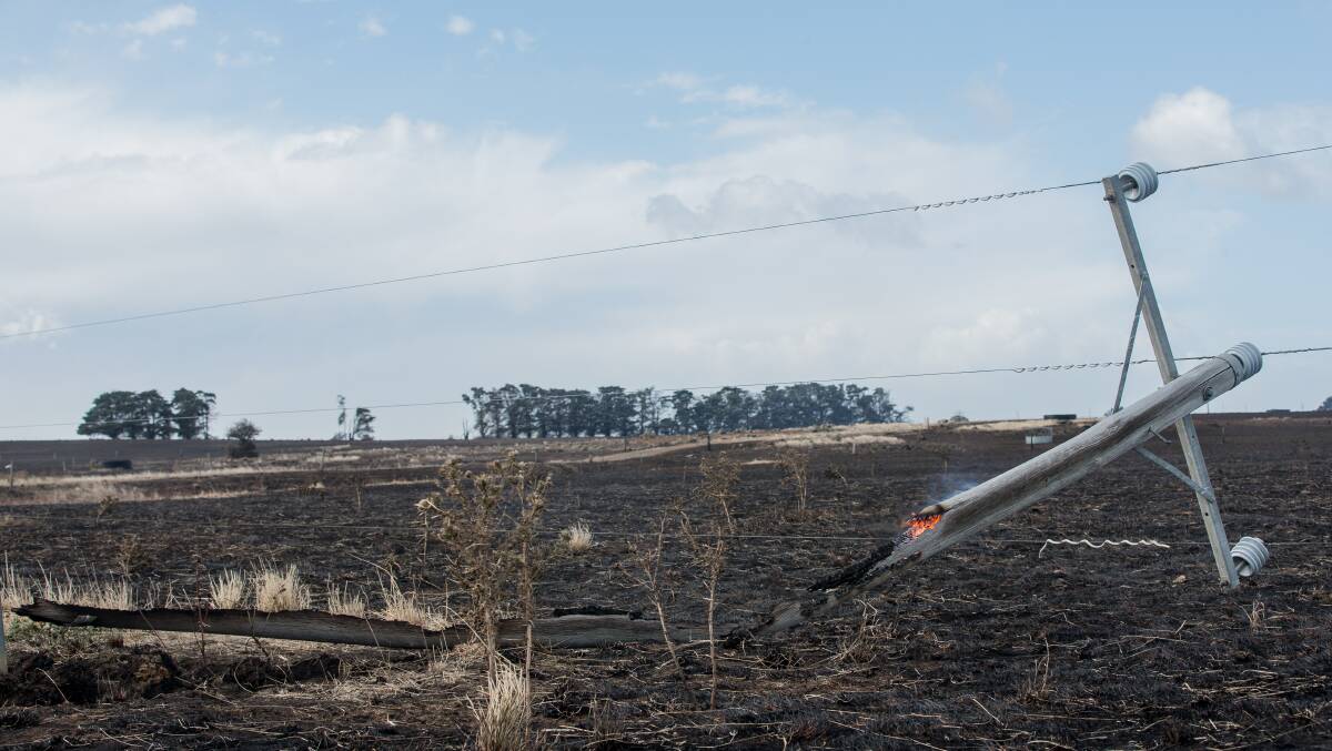 The snapped power pole that sparked the Garvoc fire. Picture: Christine Ansorge